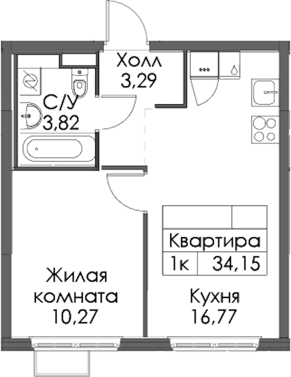 1-комнатная квартира 34.15 м², 12/12 эт., ЖК «Таллинский парк»